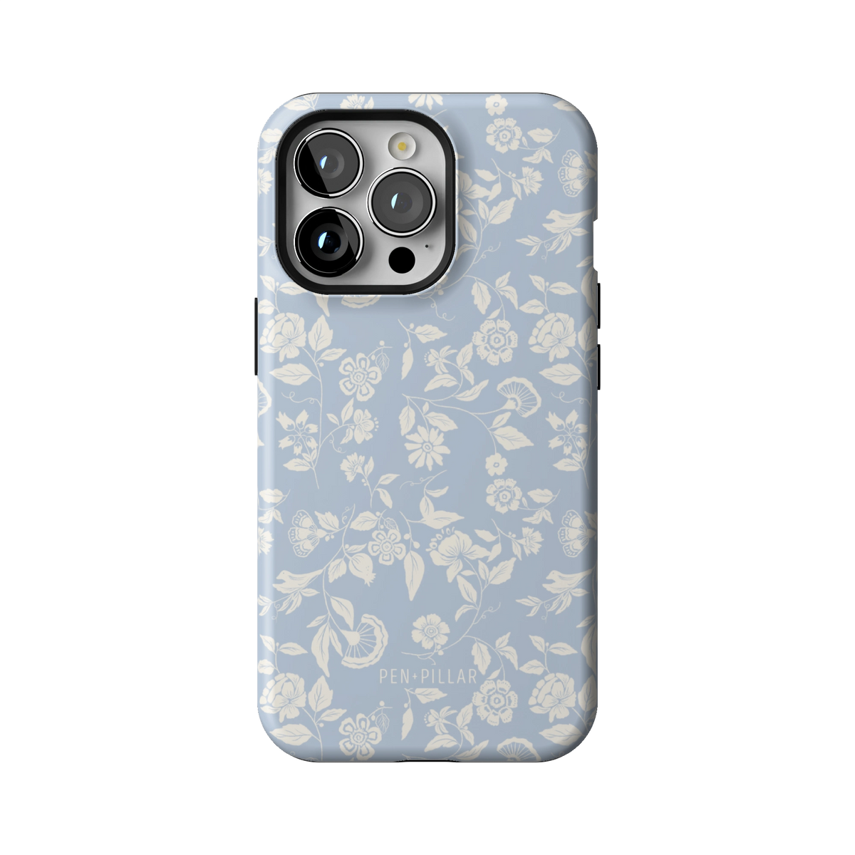 Spritz case on iPhone 13 Pro, back view: white florals on soft blue