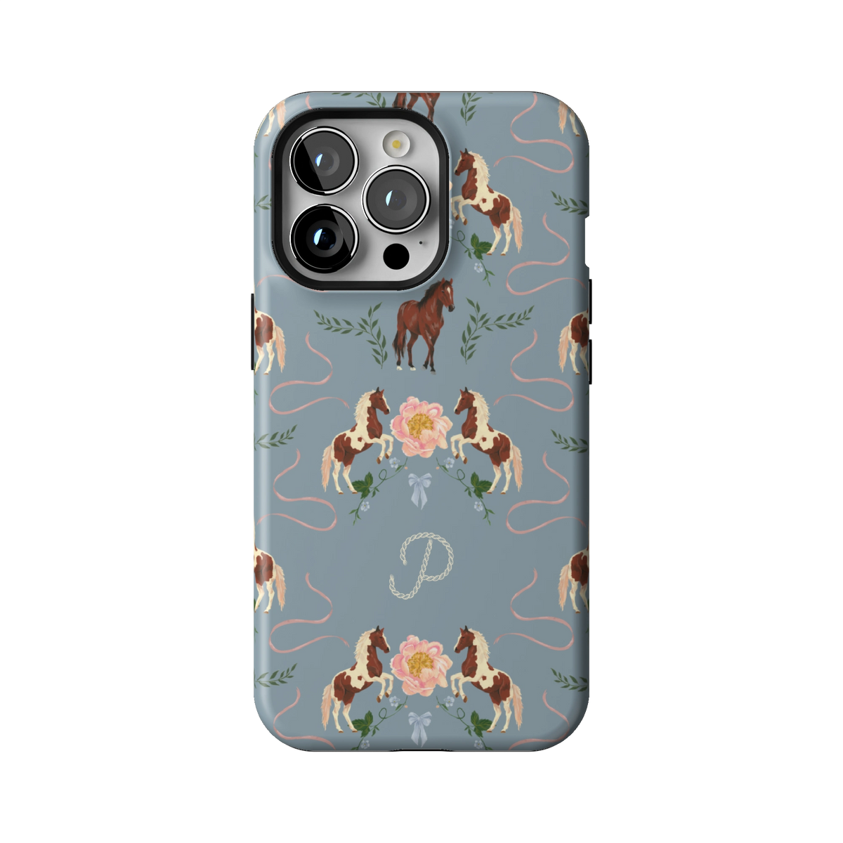 Prairie Personalized case on iPhone 13 Pro, back view: horses and blush florals on dusty blue with the initial P