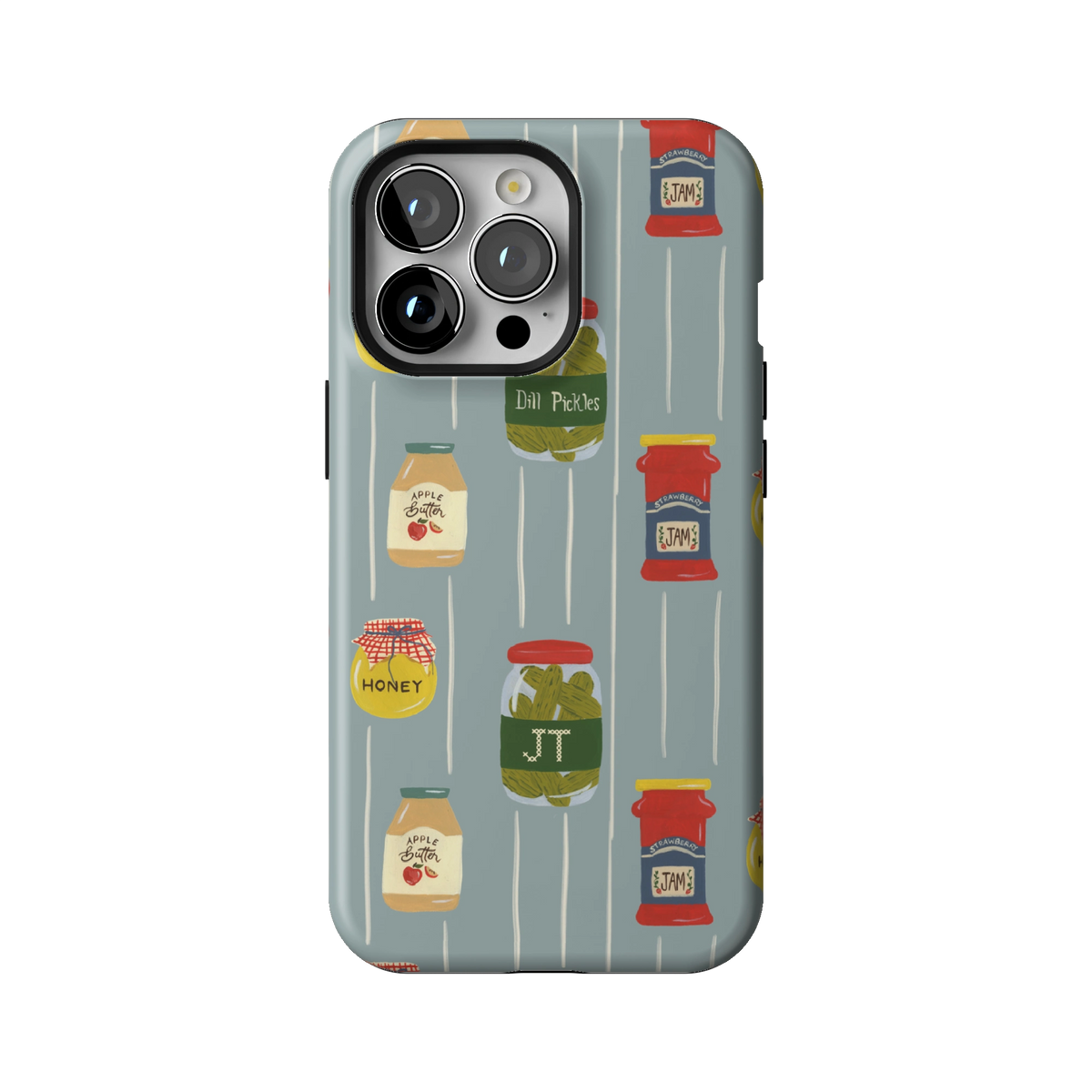Preserves Personalized case on iPhone 13 Pro, back view: jars of honey, pickles and jam on slate blue stripes with the initials JT
