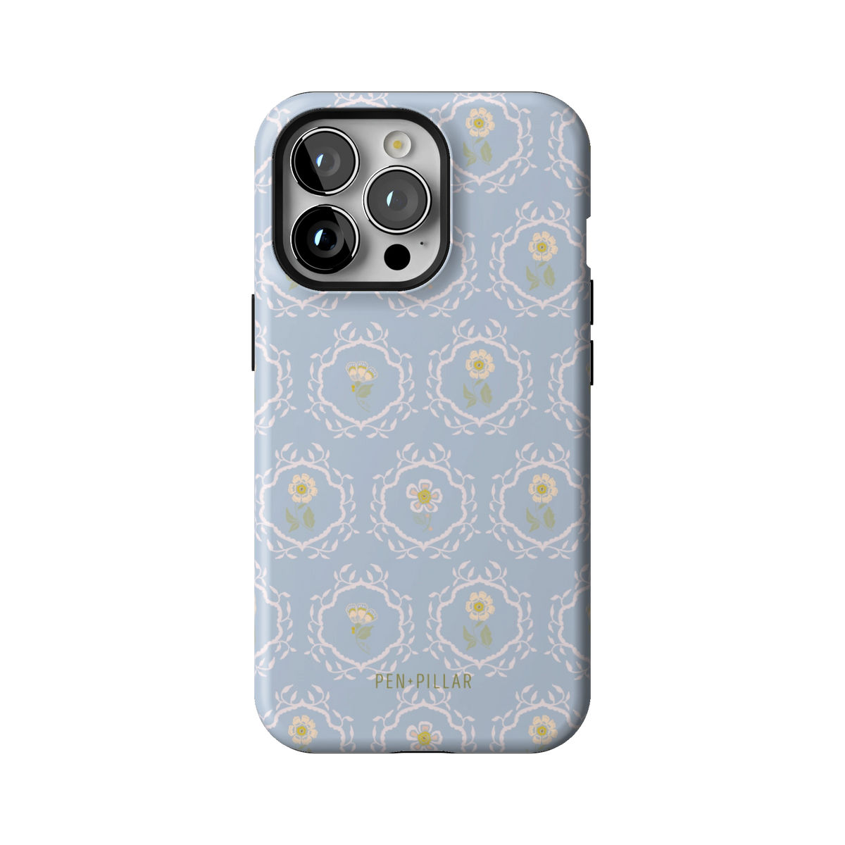 Merrigold case on iPhone 13 Pro, back view: small white florals in a lattice on pale blue