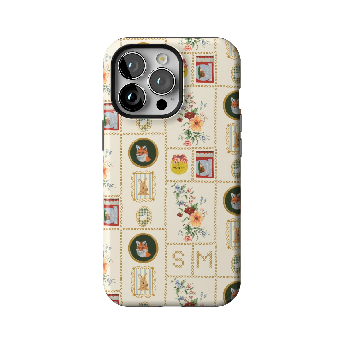 Sampler Personalized case on iPhone 13 Pro, back view: cross-stitch style squares of jars, animals and florals on cream with the initials SM