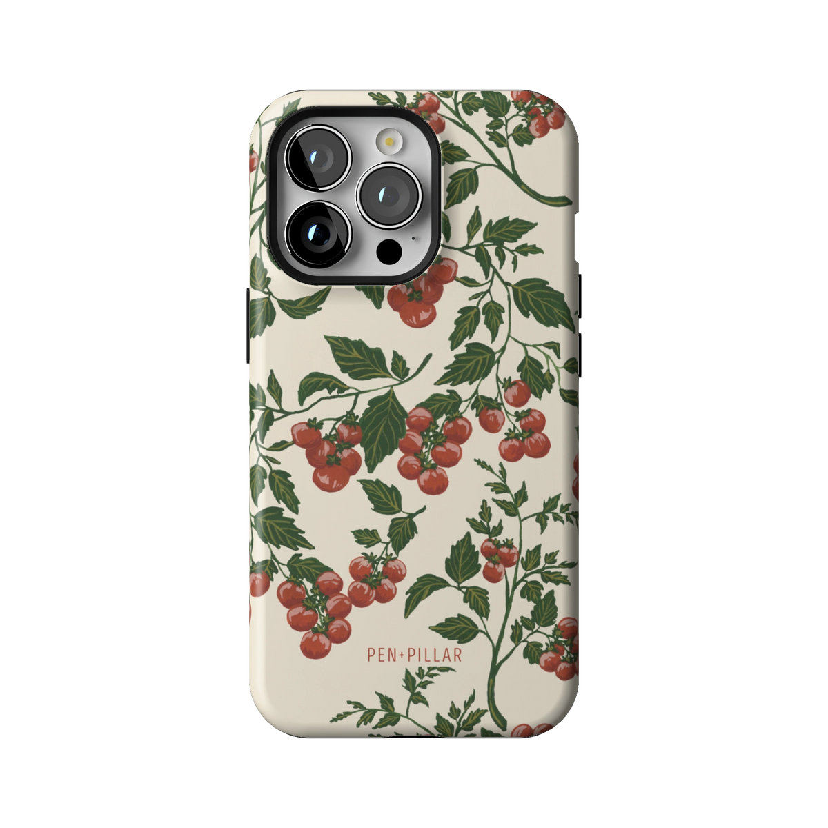Tomato Vines case on iPhone 13 Pro, back view: red tomatoes on leafy green vines over cream