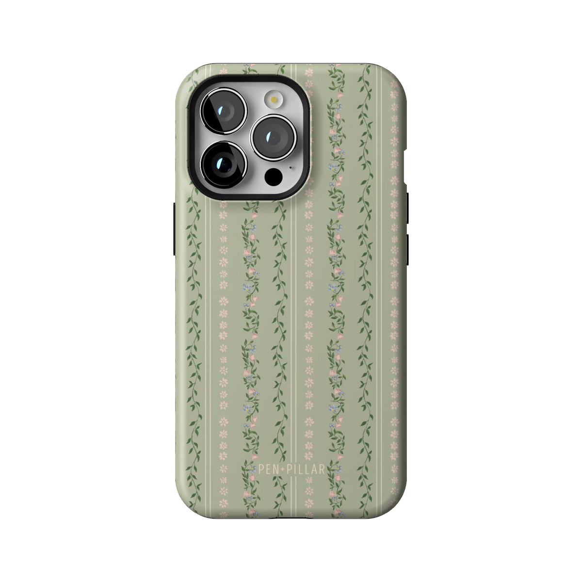 Camellia case on iPhone 13 Pro, back view: sage green with soft floral stripes