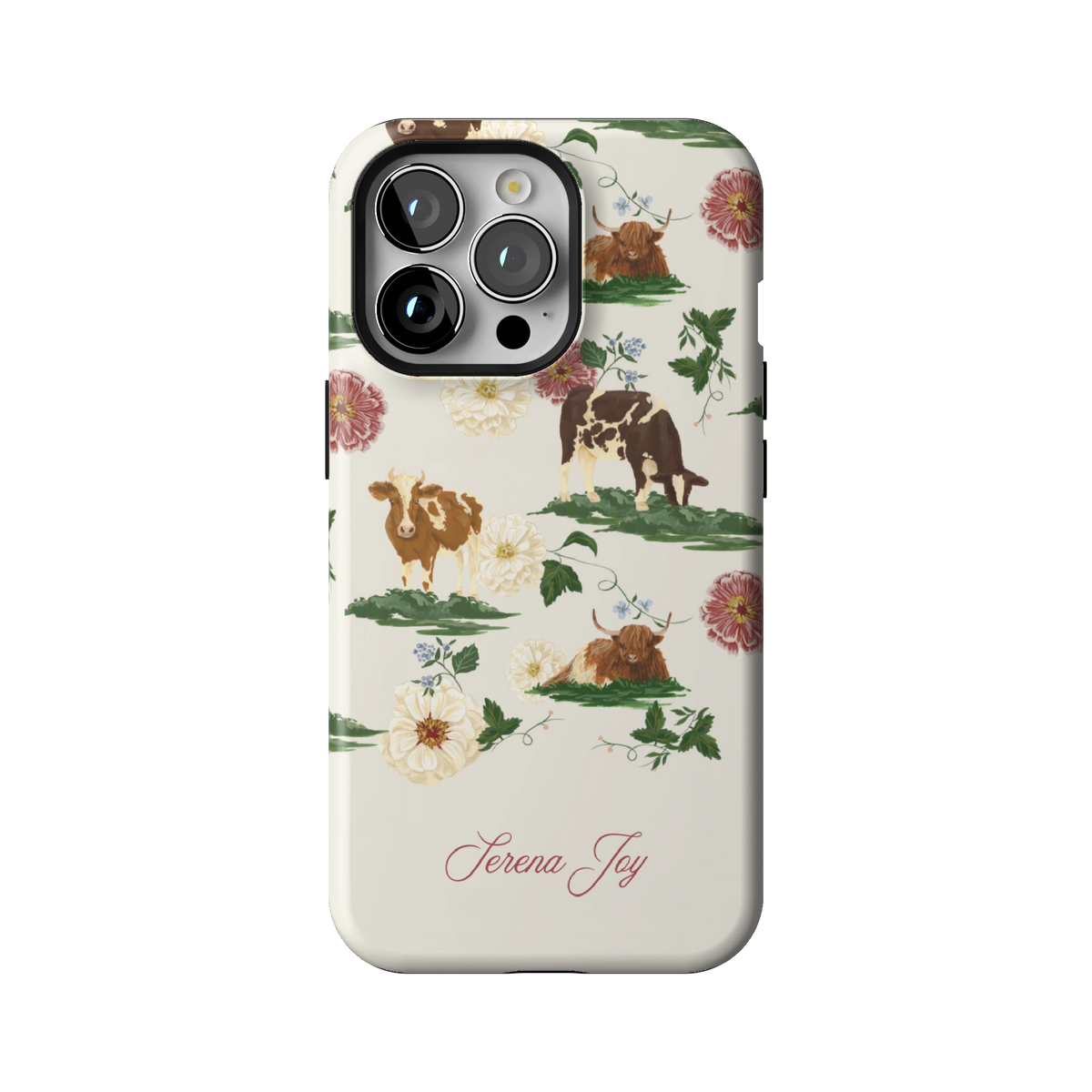 Pasture Personalized case on iPhone 13 Pro, back view: cows and dahlias in a countryside scene on cream with a name in script