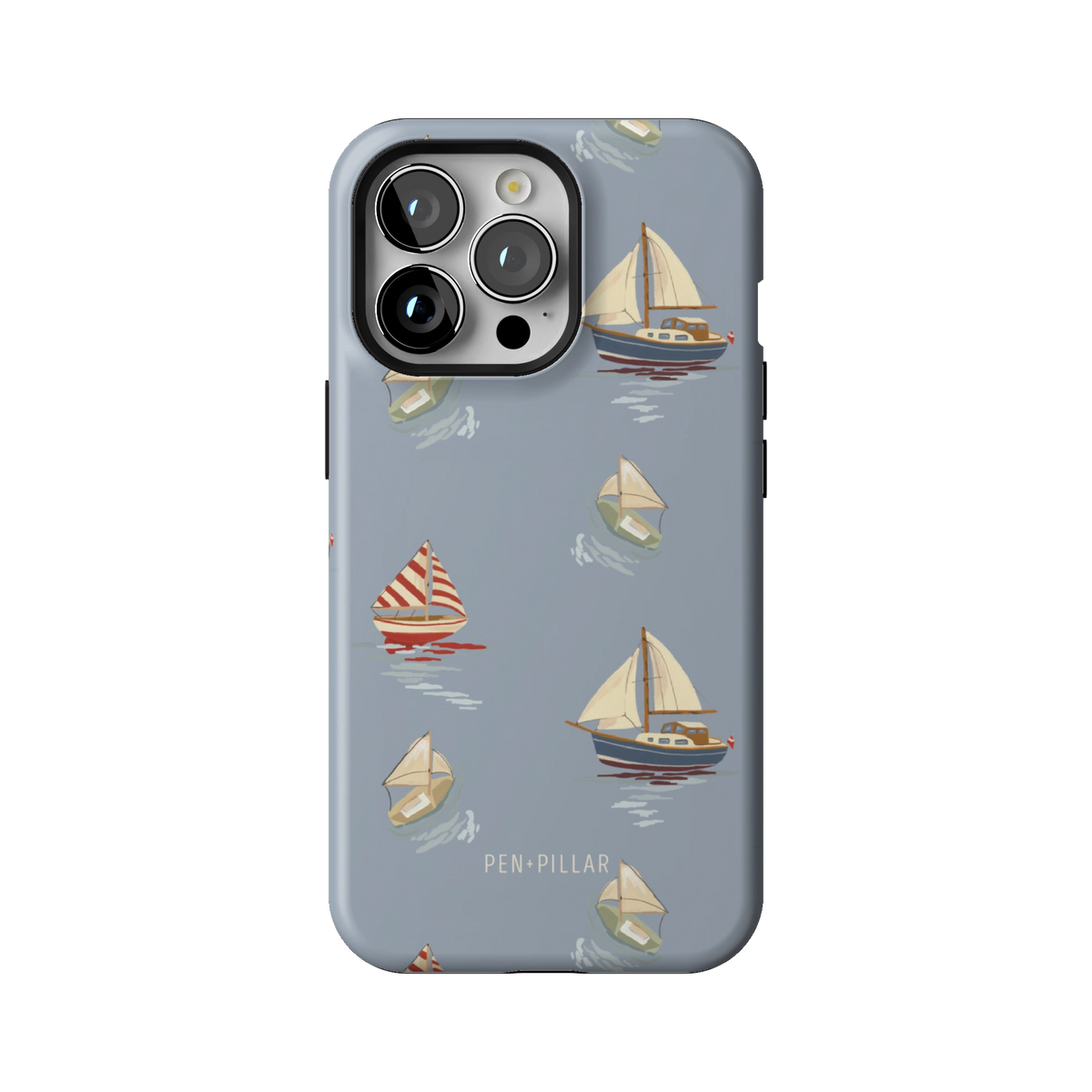 Harbor case on iPhone 13 Pro, back view: sailboats and paper boats on dusty blue