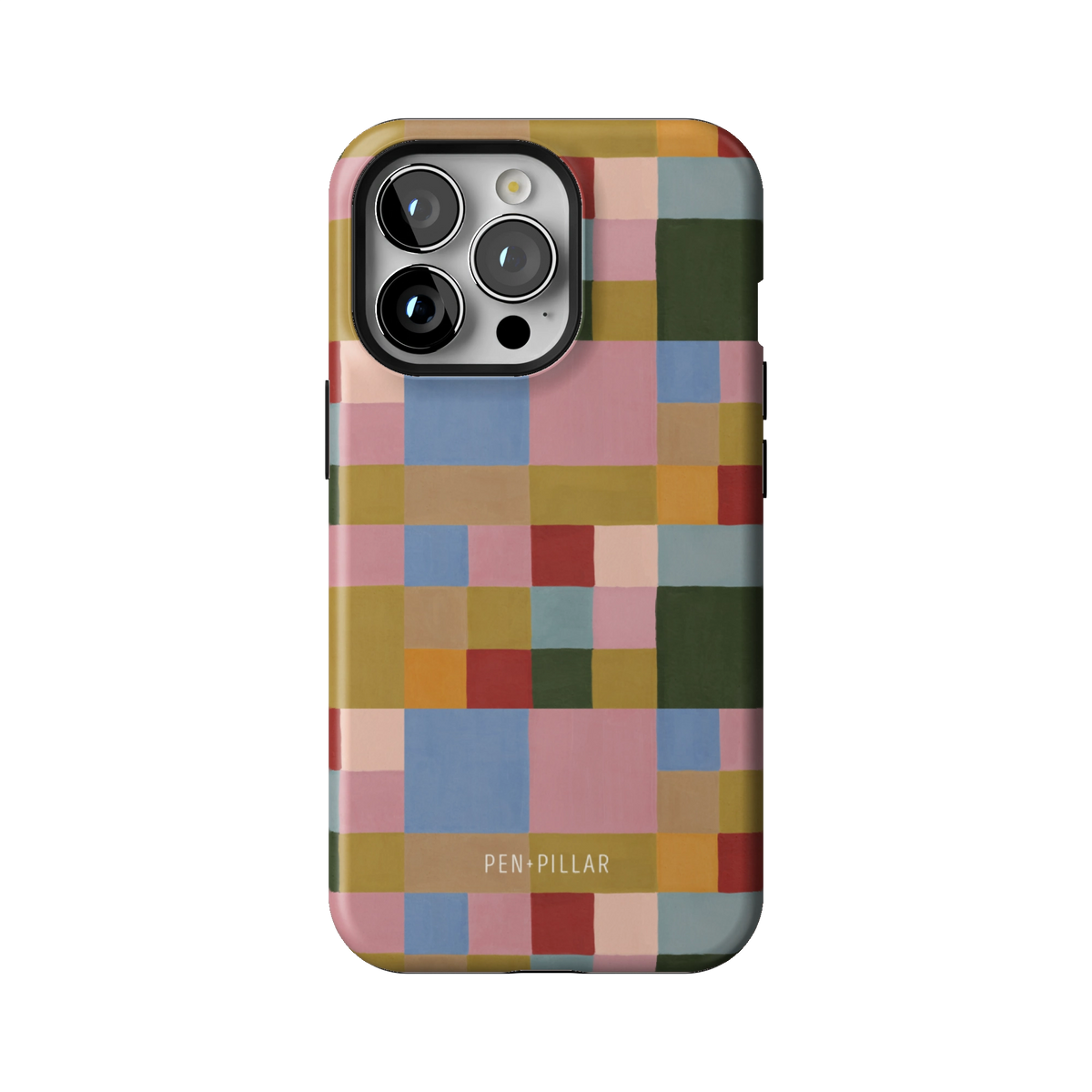 Colorblock case on iPhone 13 Pro, back view: painterly squares in blush, sky blue, mustard, rust and forest green