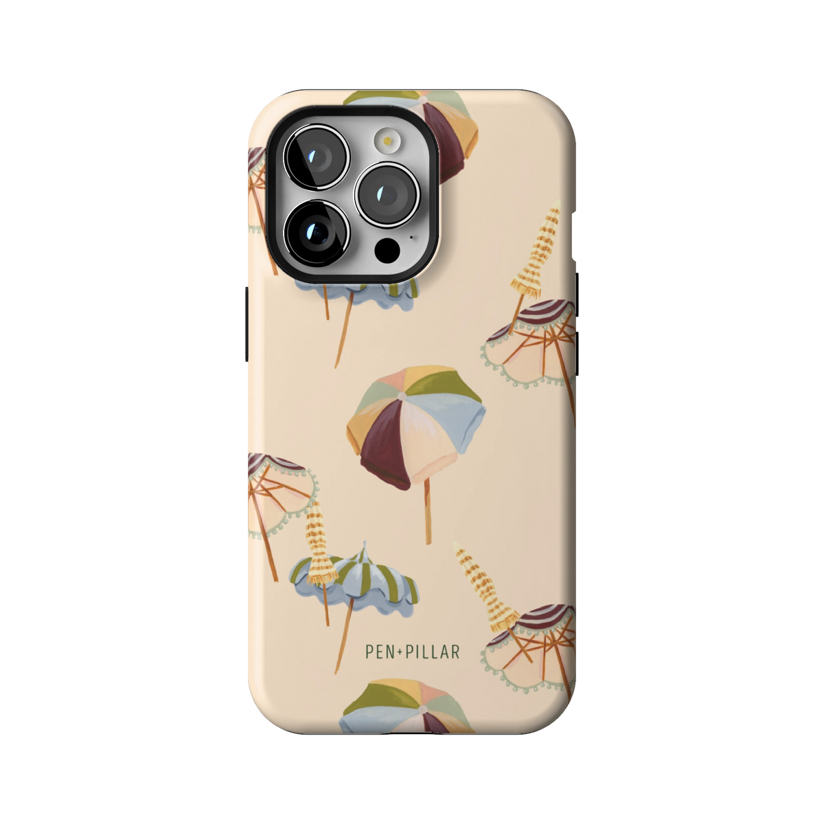 Umbrellas case on iPhone 13 Pro, back view: striped beach umbrellas and loungers on warm sand