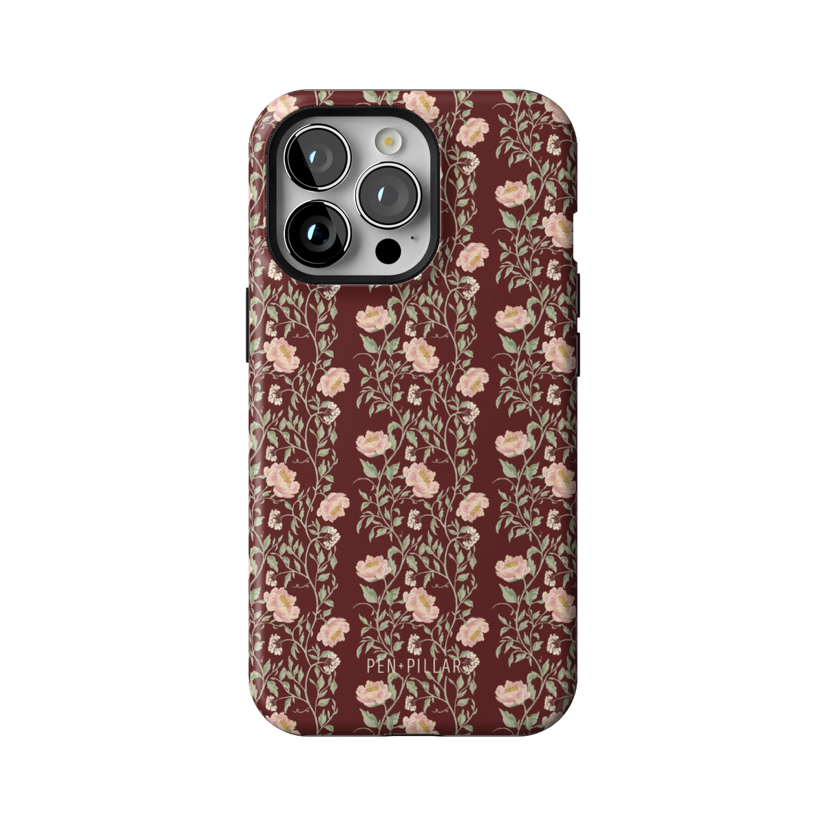 Thicket case on iPhone 13 Pro, back view: dense blush and cream florals on deep burgundy