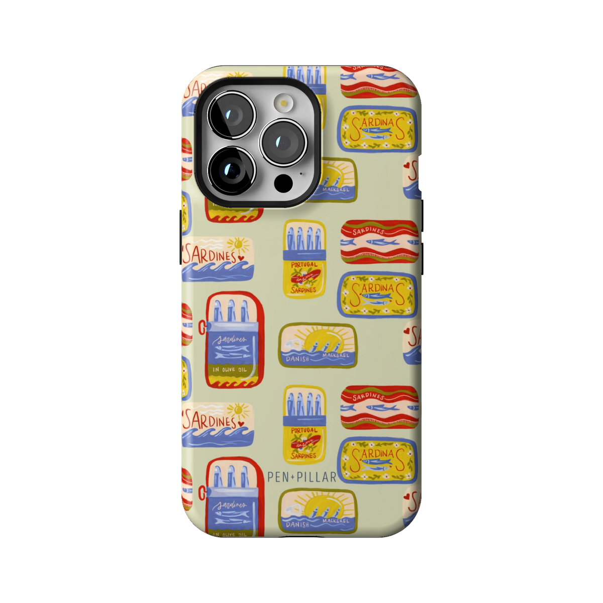 Sardines case on iPhone 13 Pro, back view: vintage sardine tins on pale sage