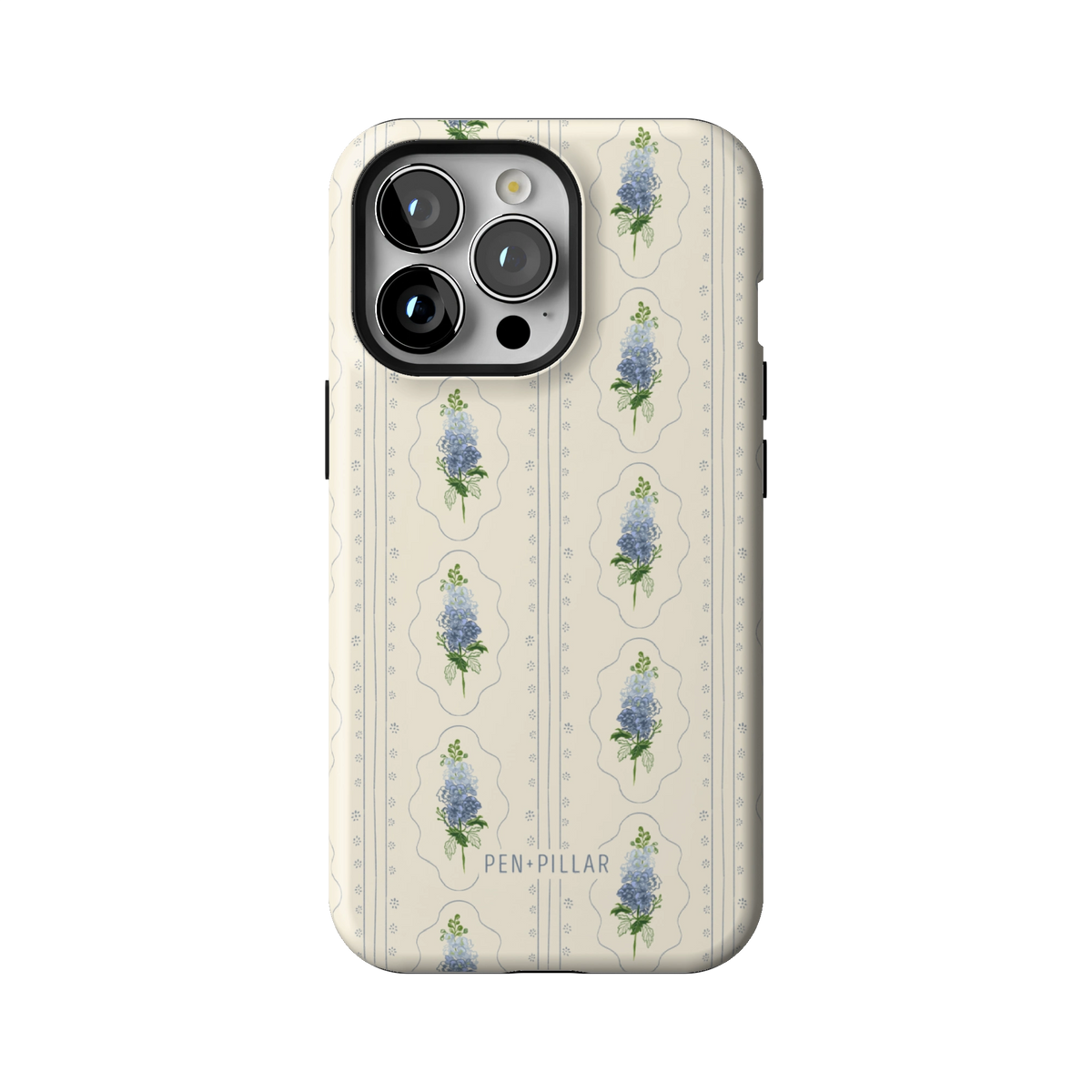 July Birth Month case on iPhone 13 Pro, back view: blue larkspur in cream frames
