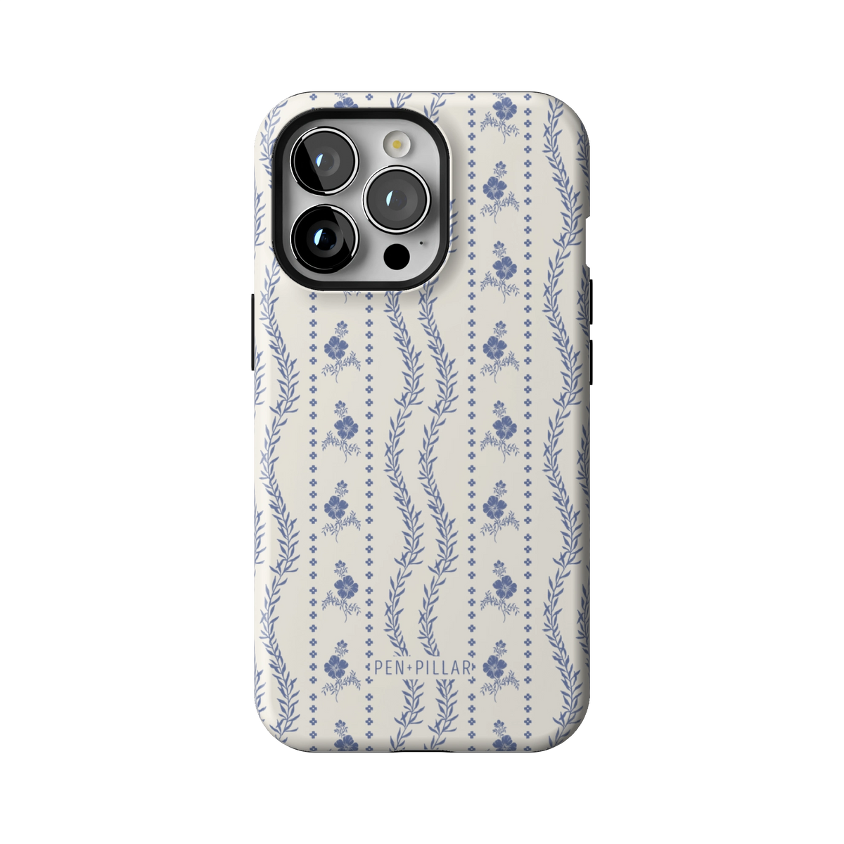 Riviera case on iPhone 13 Pro, back view: blue florals and vines in stripes on white