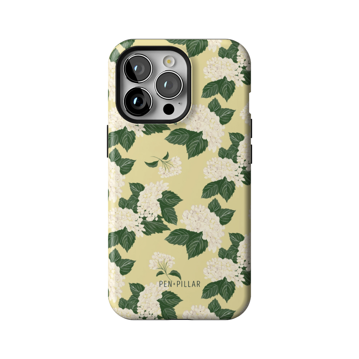 Hydrangea case on iPhone 13 Pro, back view: white hydrangeas and green leaves on buttery yellow