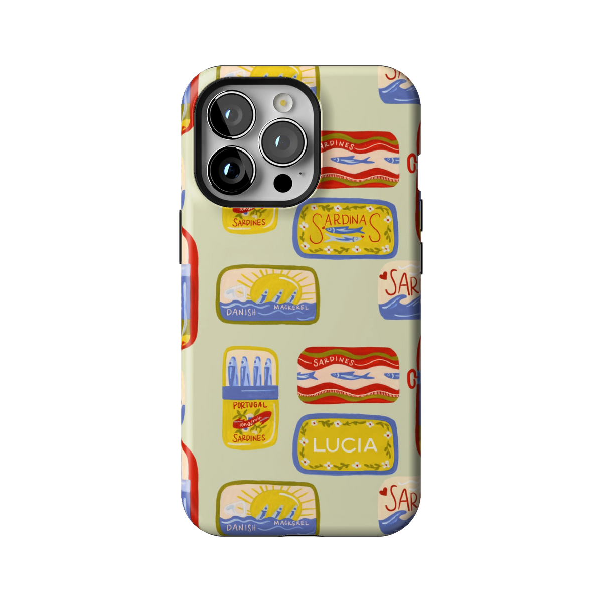Sardines Personalized case on iPhone 13 Pro, back view: vintage sardine tins on pale sage with the name Lucia