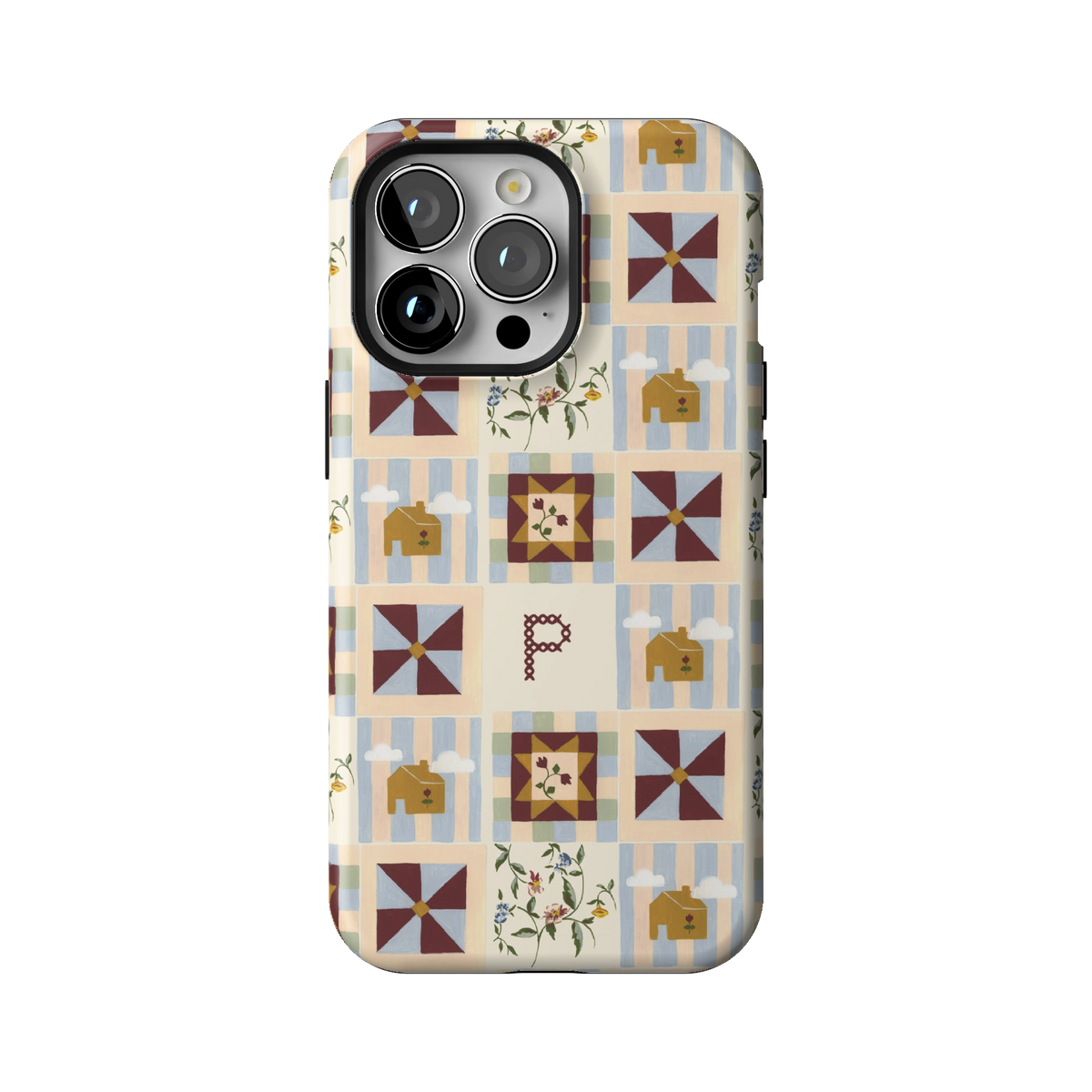 Pinwheel Personalized case on iPhone 13 Pro, back view: burgundy pinwheel quilt blocks on blue stripes with the initial P