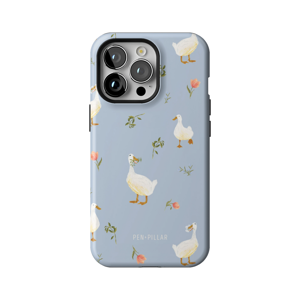 Ducks case on iPhone 13 Pro, back view: white ducks and small flower sprigs on soft blue