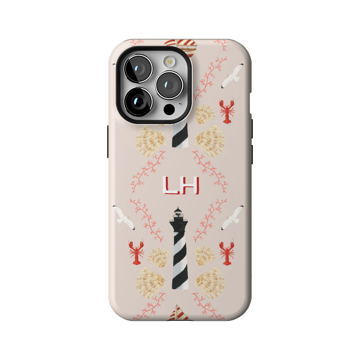 Lighthouse Personalized case on iPhone 13 Pro, back view: striped lighthouses, lobsters and seashells on blush with the initials LH