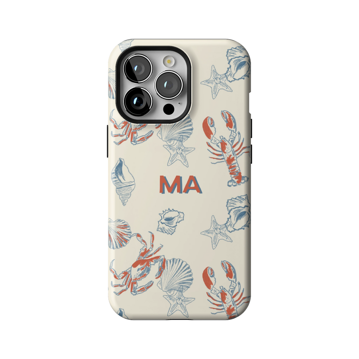 Mariner Personalized case on iPhone 13 Pro, back view: red lobsters, blue crabs and seashells on cream with the initials MA