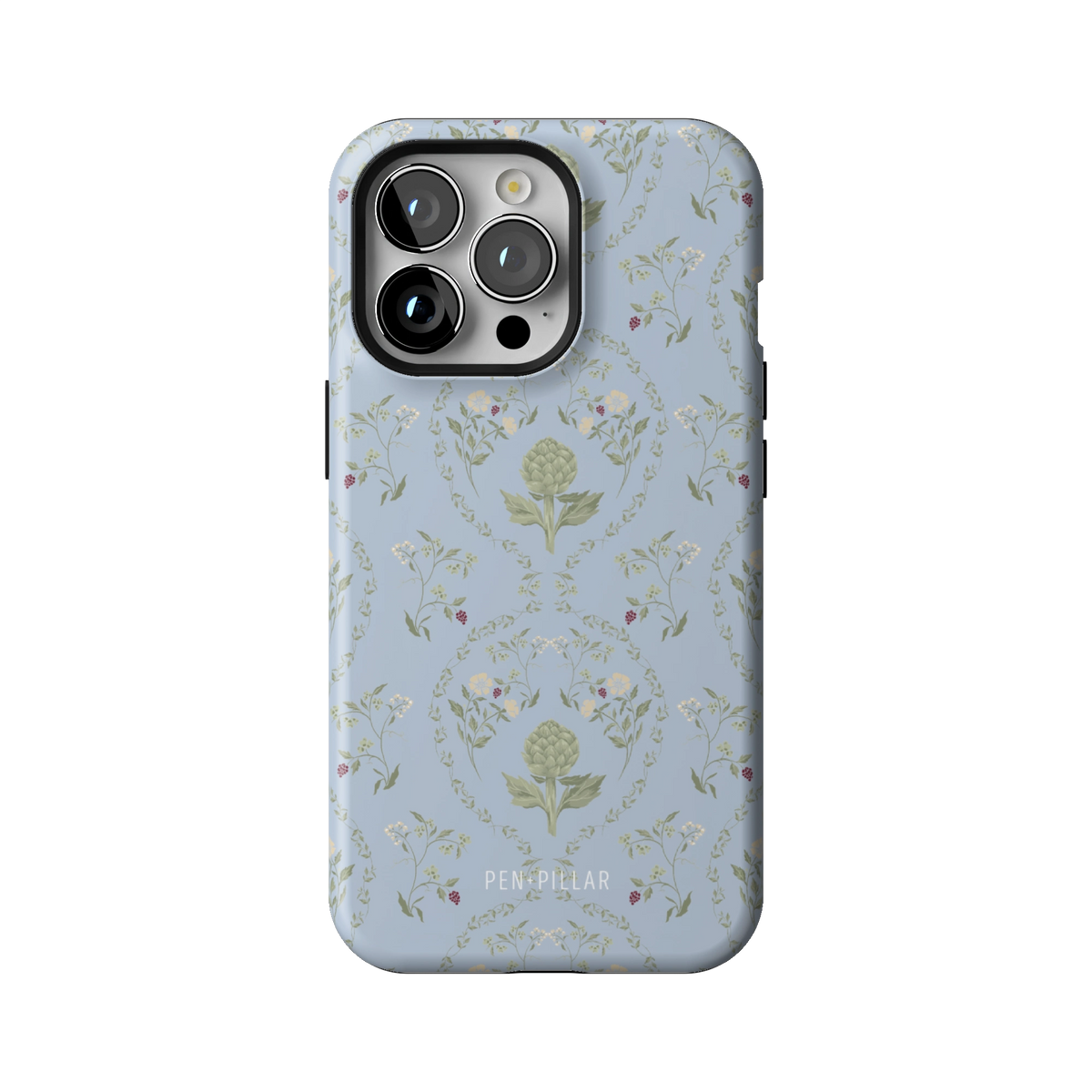 Artichoke case on iPhone 13 Pro, back view: soft green artichokes in a vintage trellis on dusty blue