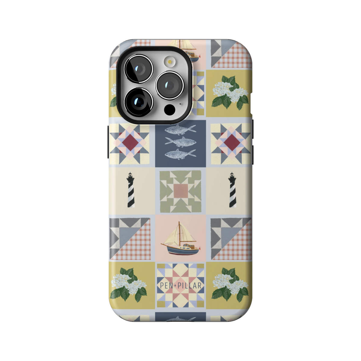 Coastal Quilt case on iPhone 13 Pro, back view: quilt blocks with sailboats, fish, a lighthouse and hydrangeas in navy, sage and blush