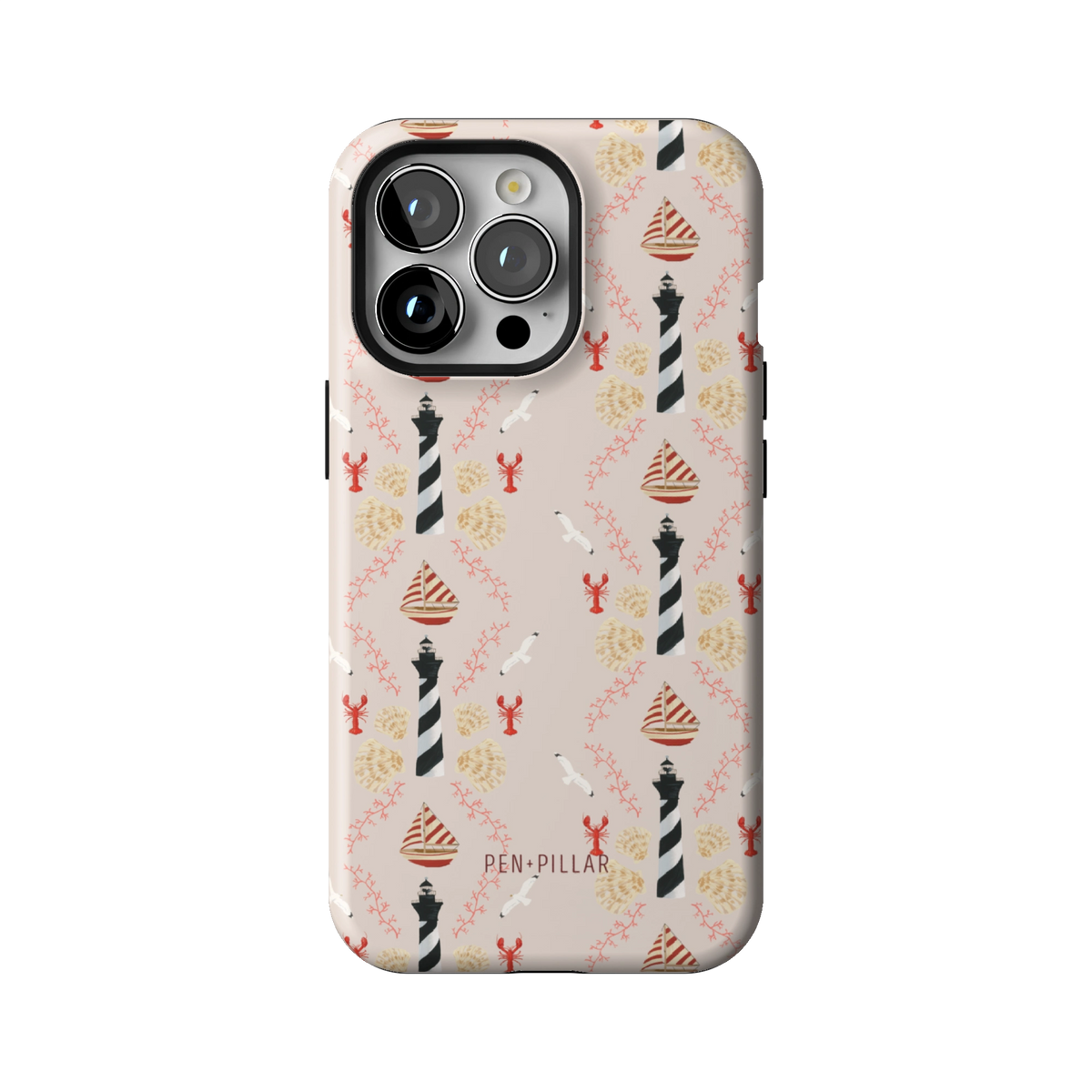 Lighthouse case on iPhone 13 Pro, back view: striped lighthouses, lobsters and seashells on blush