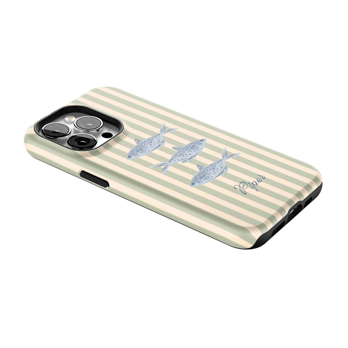 Sea Stripes Personalized iPhone 13 Pro case lying at an angle, showing the side buttons and print wrapping the edges