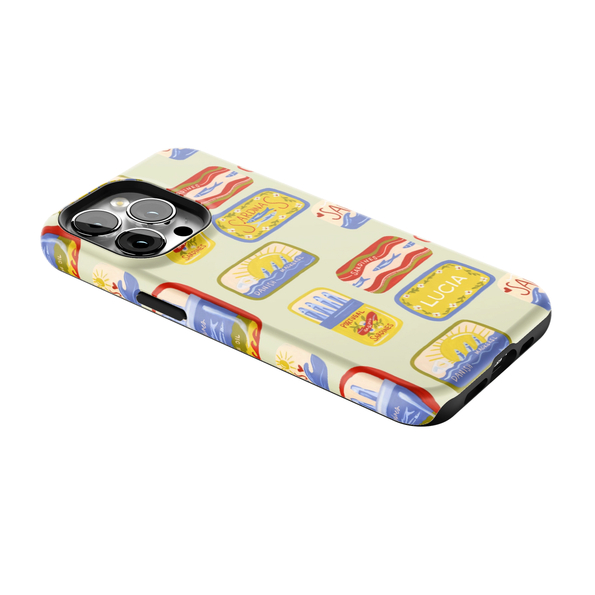 Sardines Personalized iPhone 13 Pro case lying at an angle, showing the side buttons and print wrapping the edges