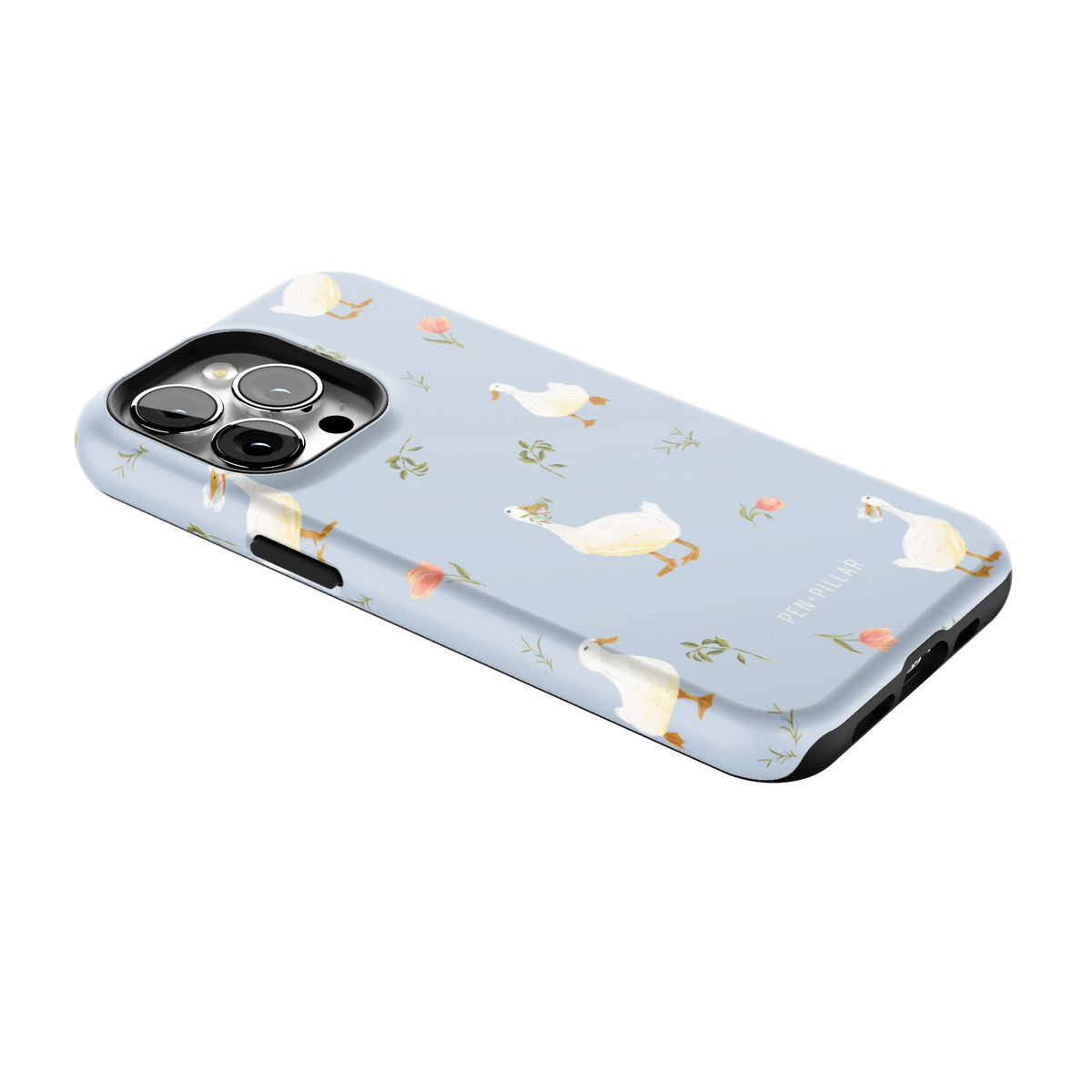 Ducks iPhone 13 Pro case lying at an angle, showing the side buttons and print wrapping the edges