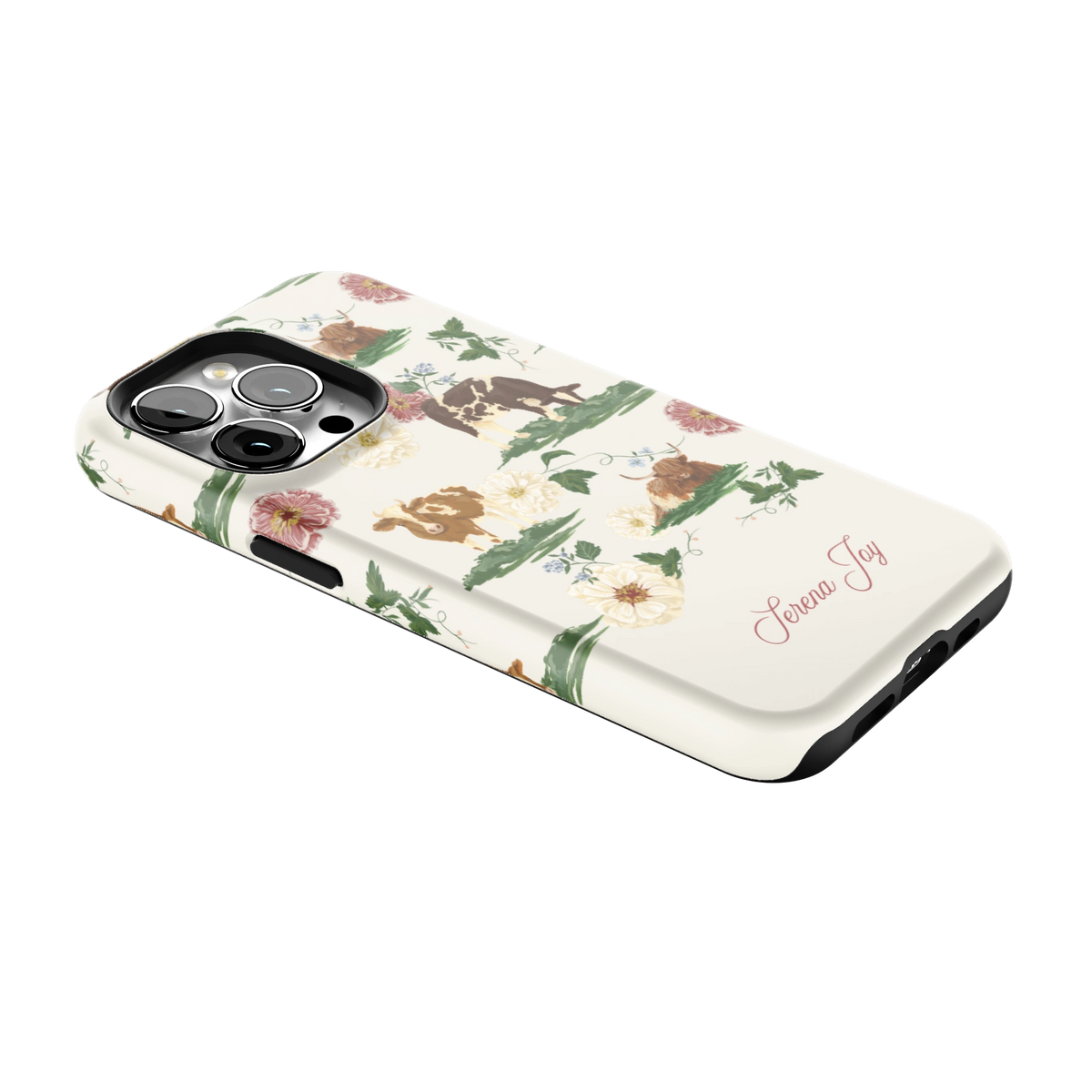 Pasture Personalized iPhone 13 Pro case lying at an angle, showing the side buttons and print wrapping the edges