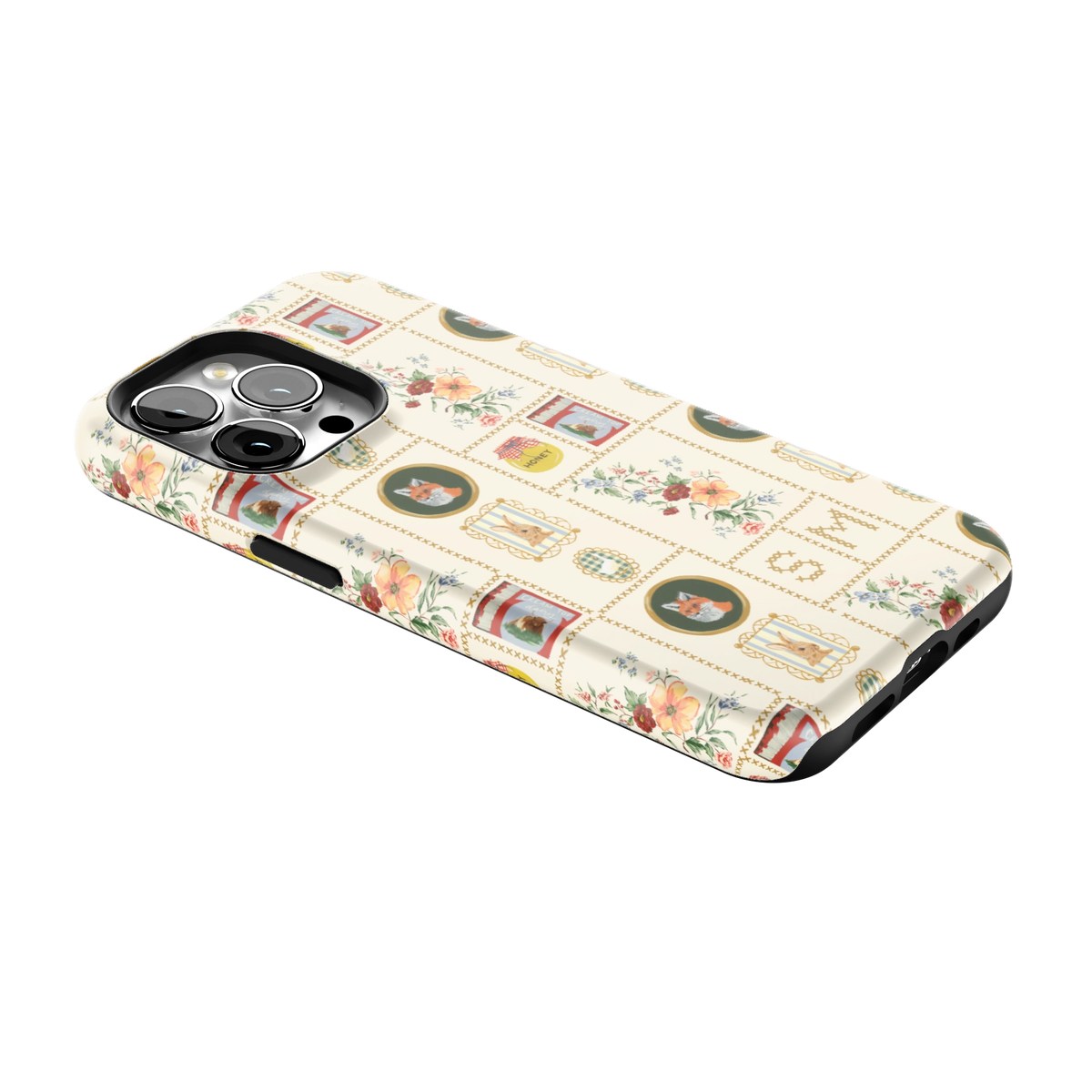 Sampler Personalized iPhone 13 Pro case lying at an angle, showing the side buttons and print wrapping the edges