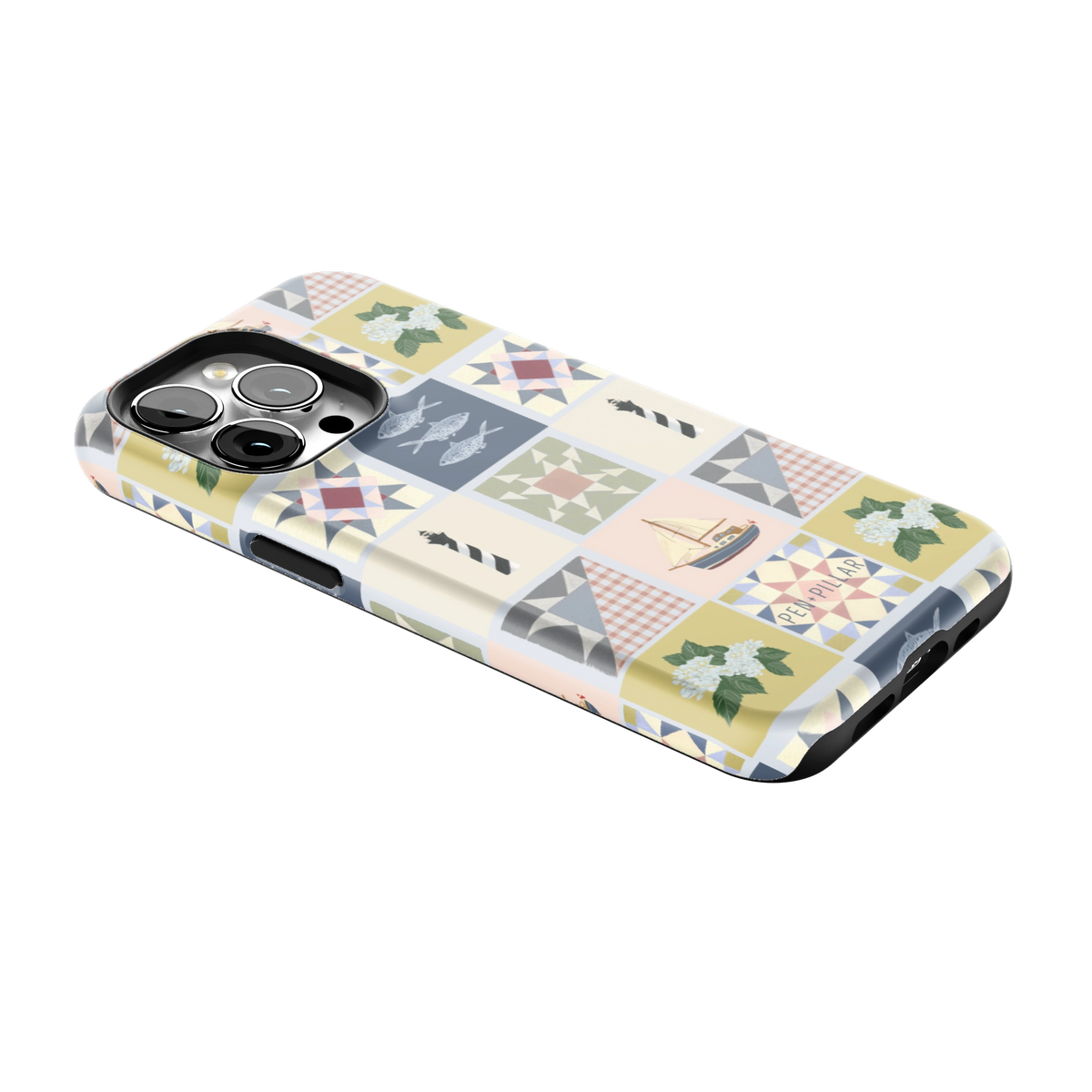 Coastal Quilt iPhone 13 Pro case lying at an angle, showing the side buttons and print wrapping the edges