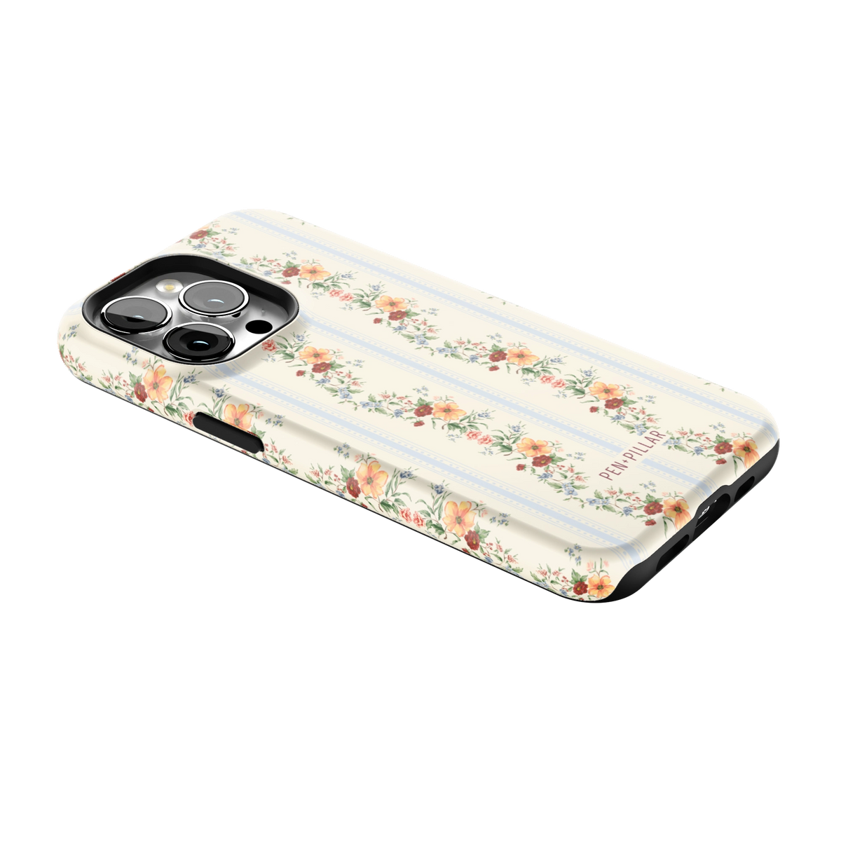 Wallflower iPhone 13 Pro case lying at an angle, showing the side buttons and print wrapping the edges