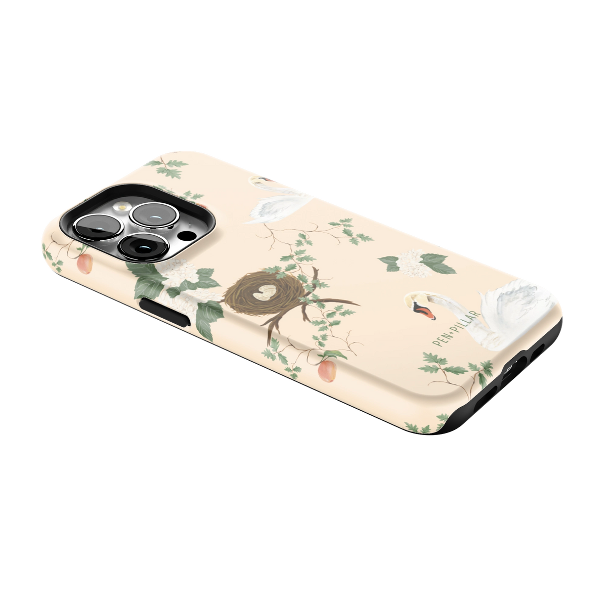 Swan Hollow iPhone 13 Pro case lying at an angle, showing the side buttons and print wrapping the edges