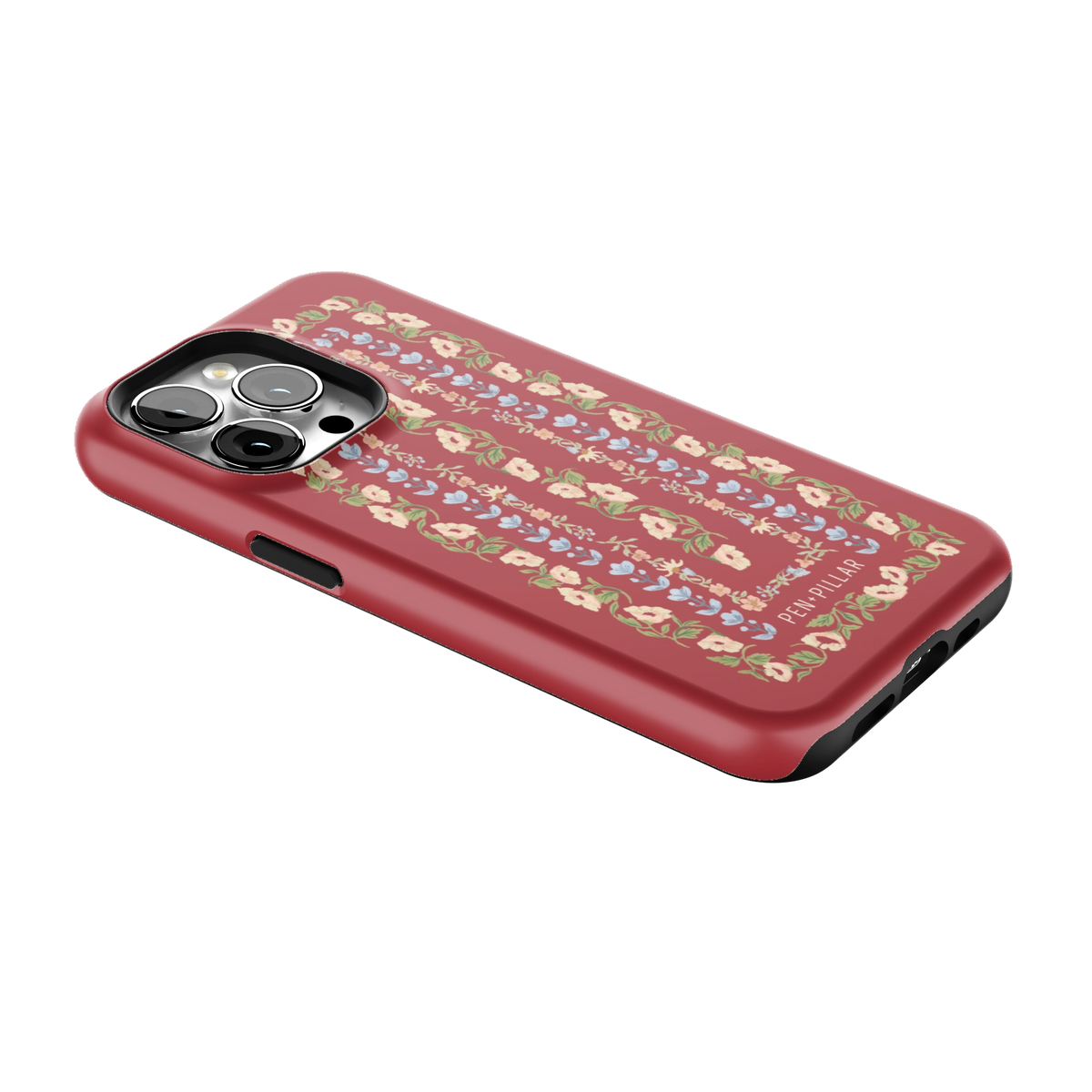 Fiona iPhone 13 Pro case lying at an angle, showing the side buttons and print wrapping the edges