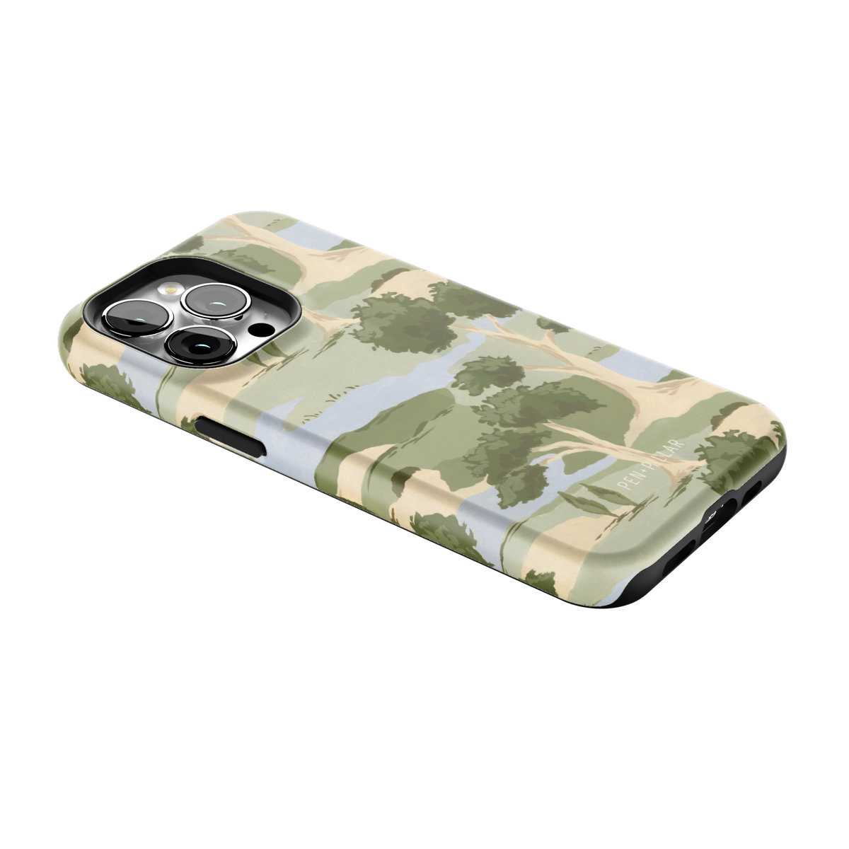 Orchard iPhone 13 Pro case lying at an angle, showing the side buttons and print wrapping the edges