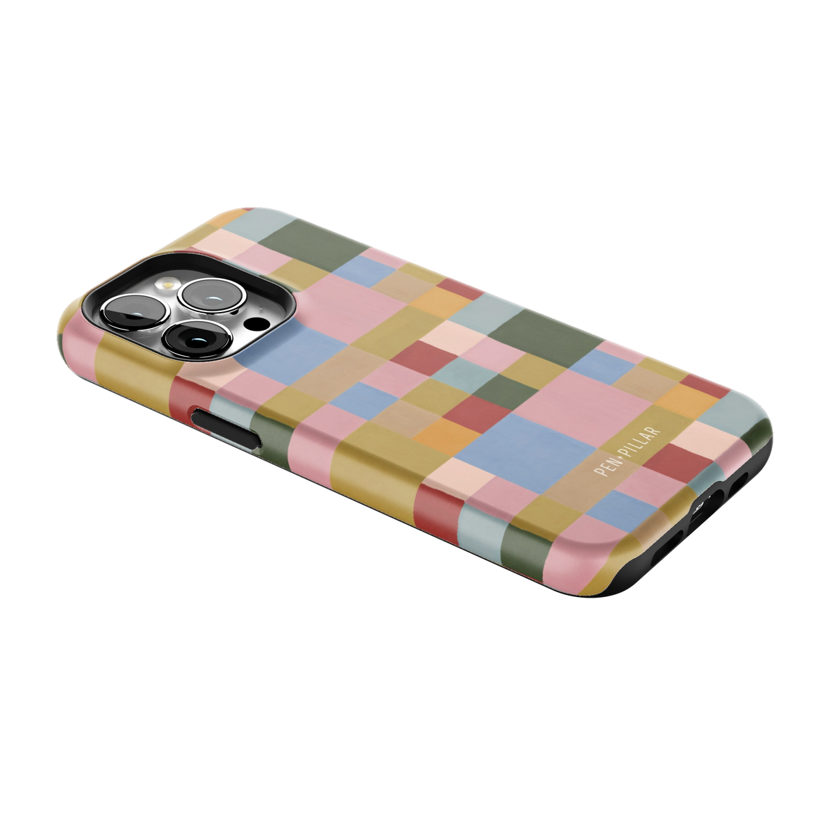 Colorblock iPhone 13 Pro case lying at an angle, showing the side buttons and print wrapping the edges