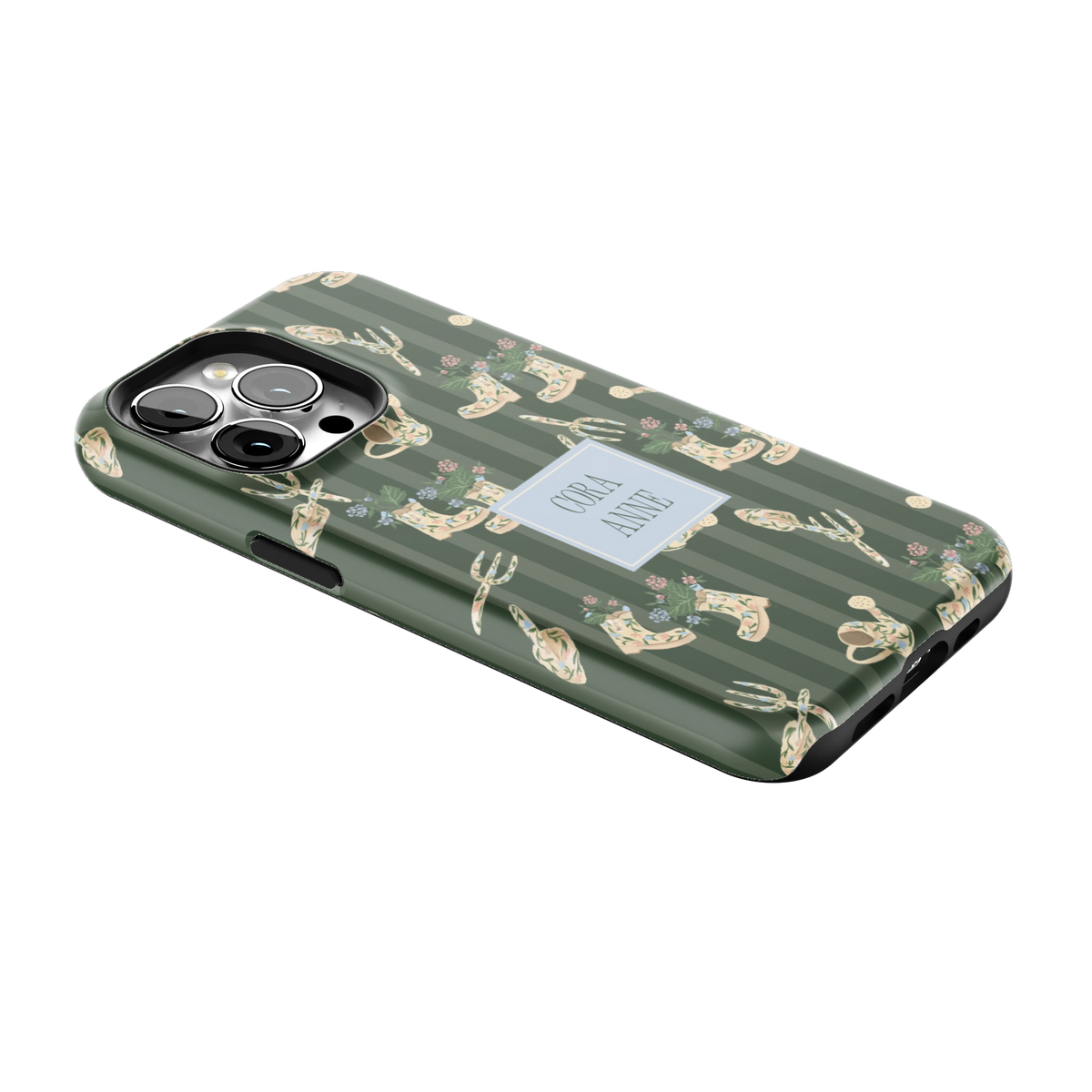 In the Garden Personalized iPhone 13 Pro case lying at an angle, showing the side buttons and print wrapping the edges