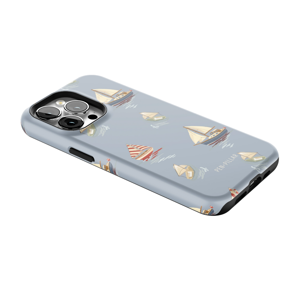 Harbor iPhone 13 Pro case lying at an angle, showing the side buttons and print wrapping the edges