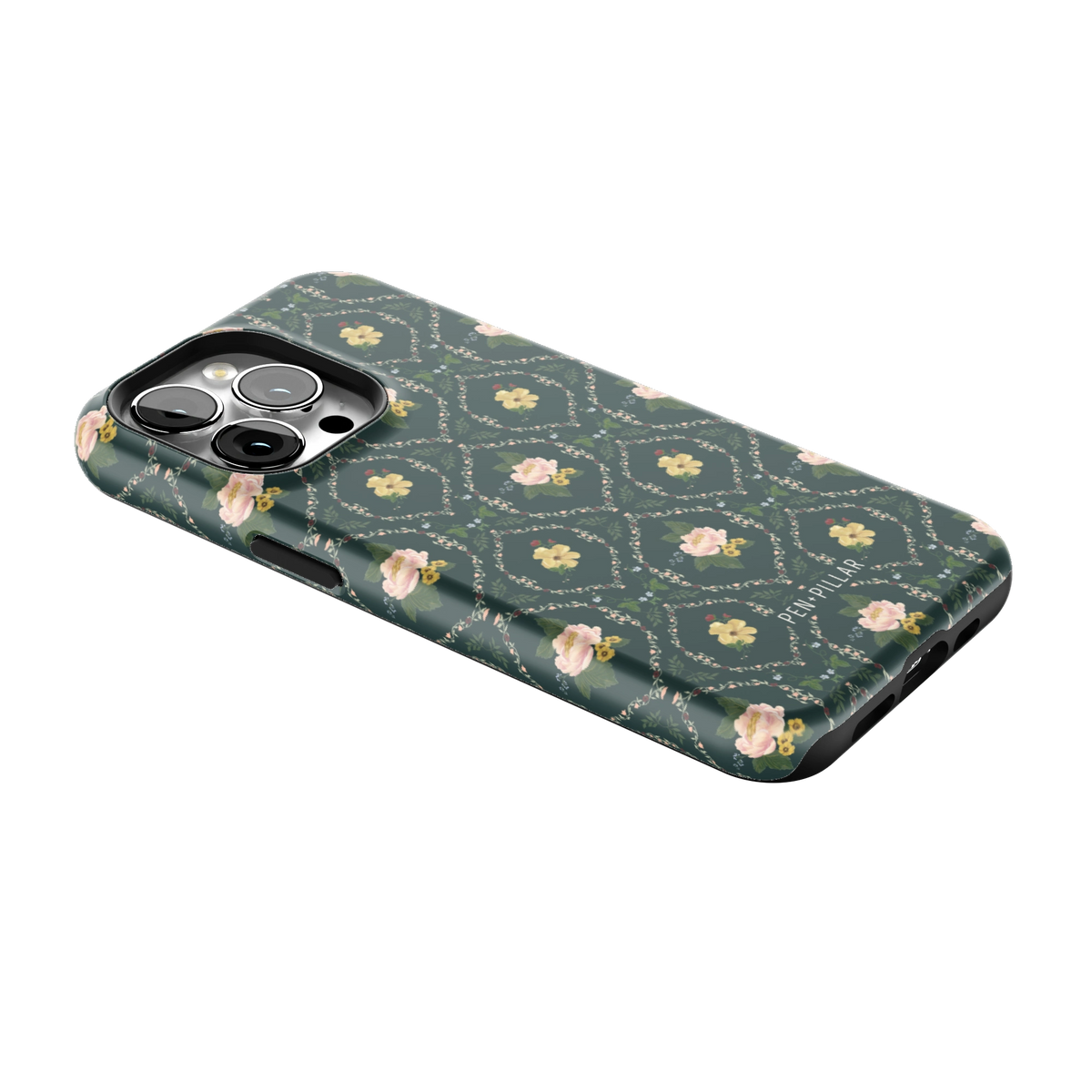 Meadow iPhone 13 Pro case lying at an angle, showing the side buttons and print wrapping the edges