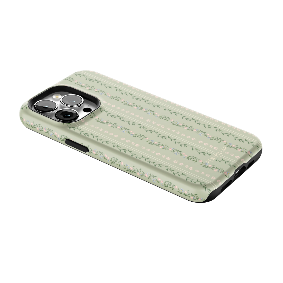 Camellia iPhone 13 Pro case lying at an angle, showing the side buttons and print wrapping the edges