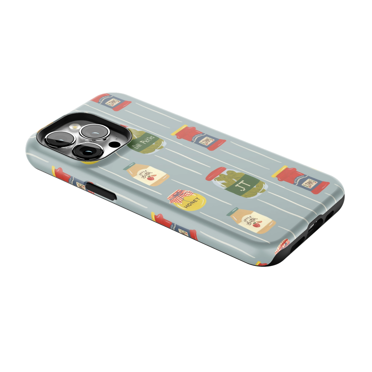 Preserves Personalized iPhone 13 Pro case lying at an angle, showing the side buttons and print wrapping the edges