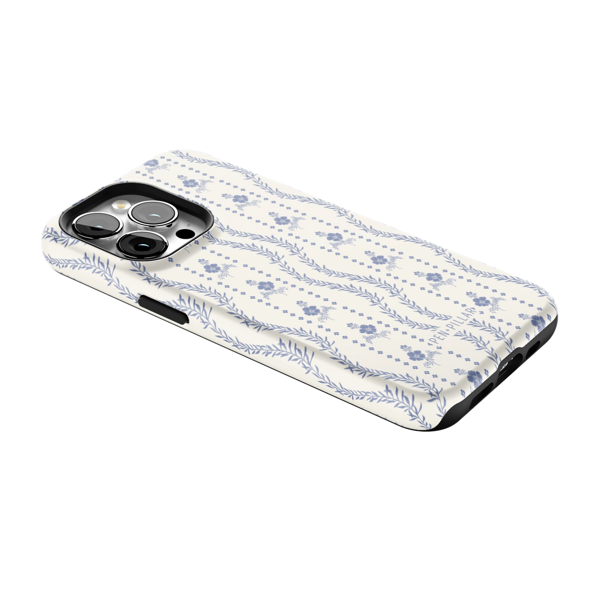 Riviera iPhone 13 Pro case lying at an angle, showing the side buttons and print wrapping the edges