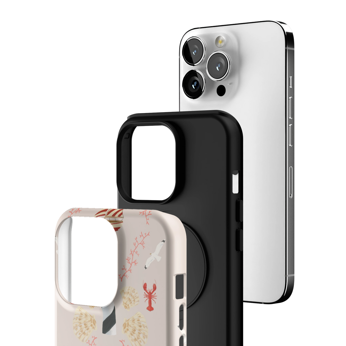 Exploded view of the Lighthouse Personalized iPhone 13 Pro case: printed shell, black inner layer with MagSafe ring, and phone