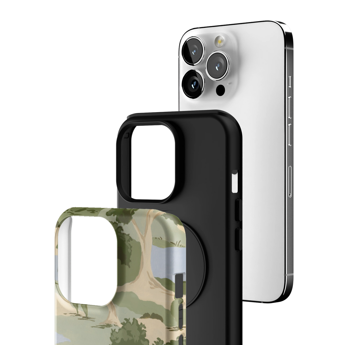 Exploded view of the Orchard iPhone 13 Pro case: printed shell, black inner layer with MagSafe ring, and phone