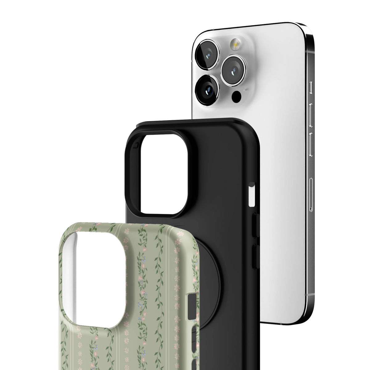 Exploded view of the Camellia iPhone 13 Pro case: printed shell, black inner layer with MagSafe ring, and phone