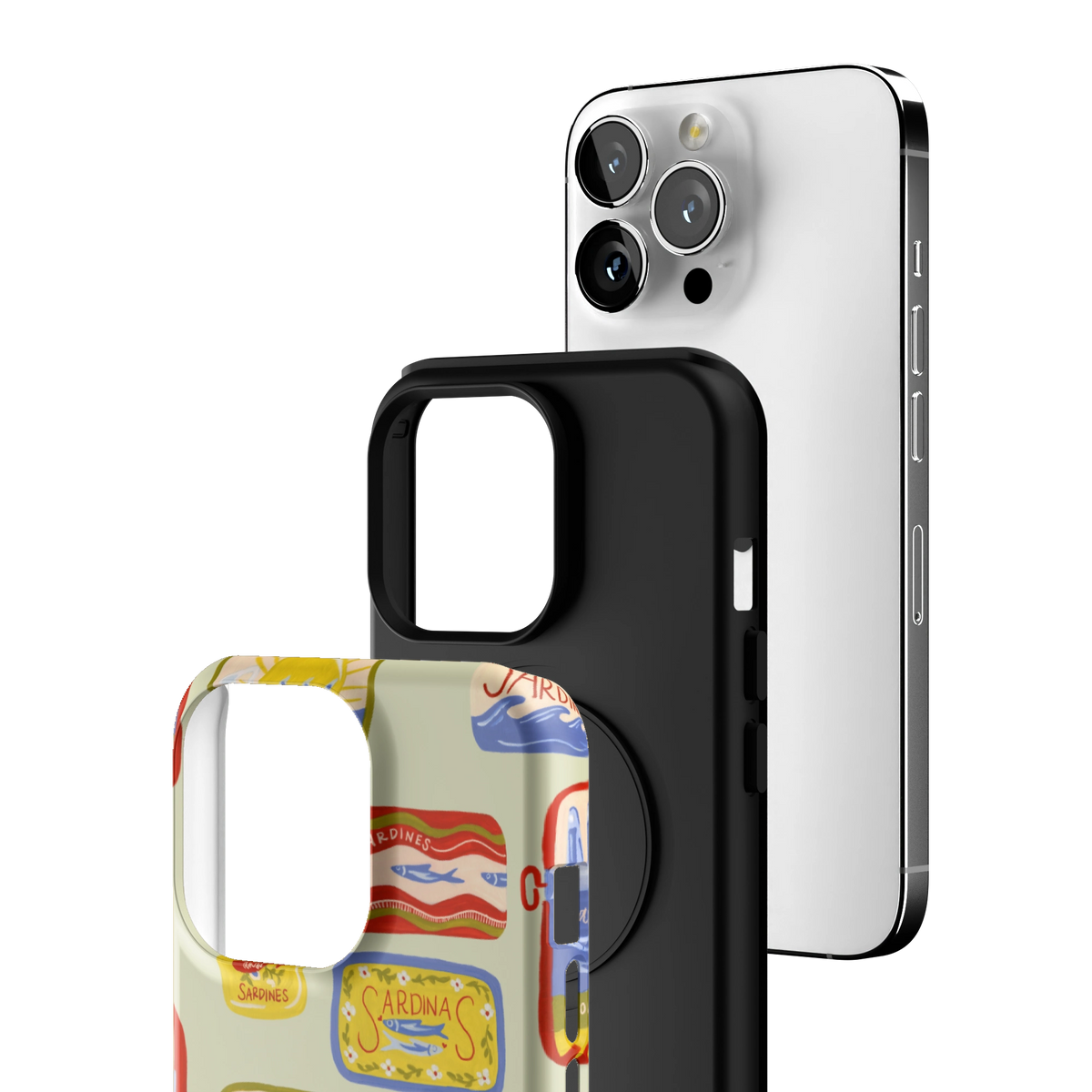Exploded view of the Sardines Personalized iPhone 13 Pro case: printed shell, black inner layer with MagSafe ring, and phone
