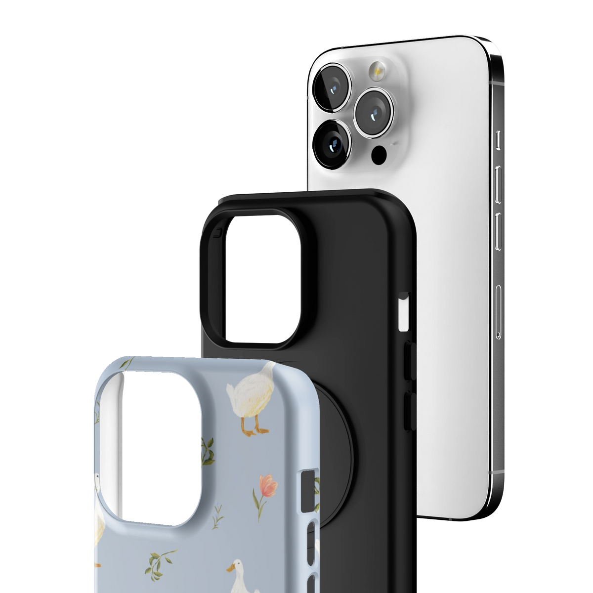 Exploded view of the Ducks iPhone 13 Pro case: printed shell, black inner layer with MagSafe ring, and phone