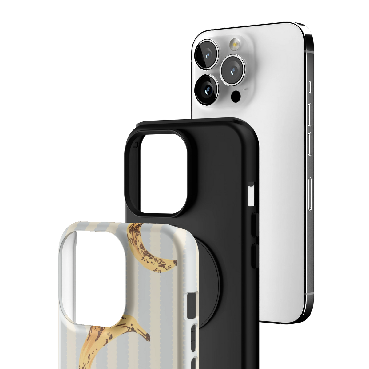 Exploded view of the Striped Bananas Personalized iPhone 13 Pro case: printed shell, black inner layer with MagSafe ring, and phone