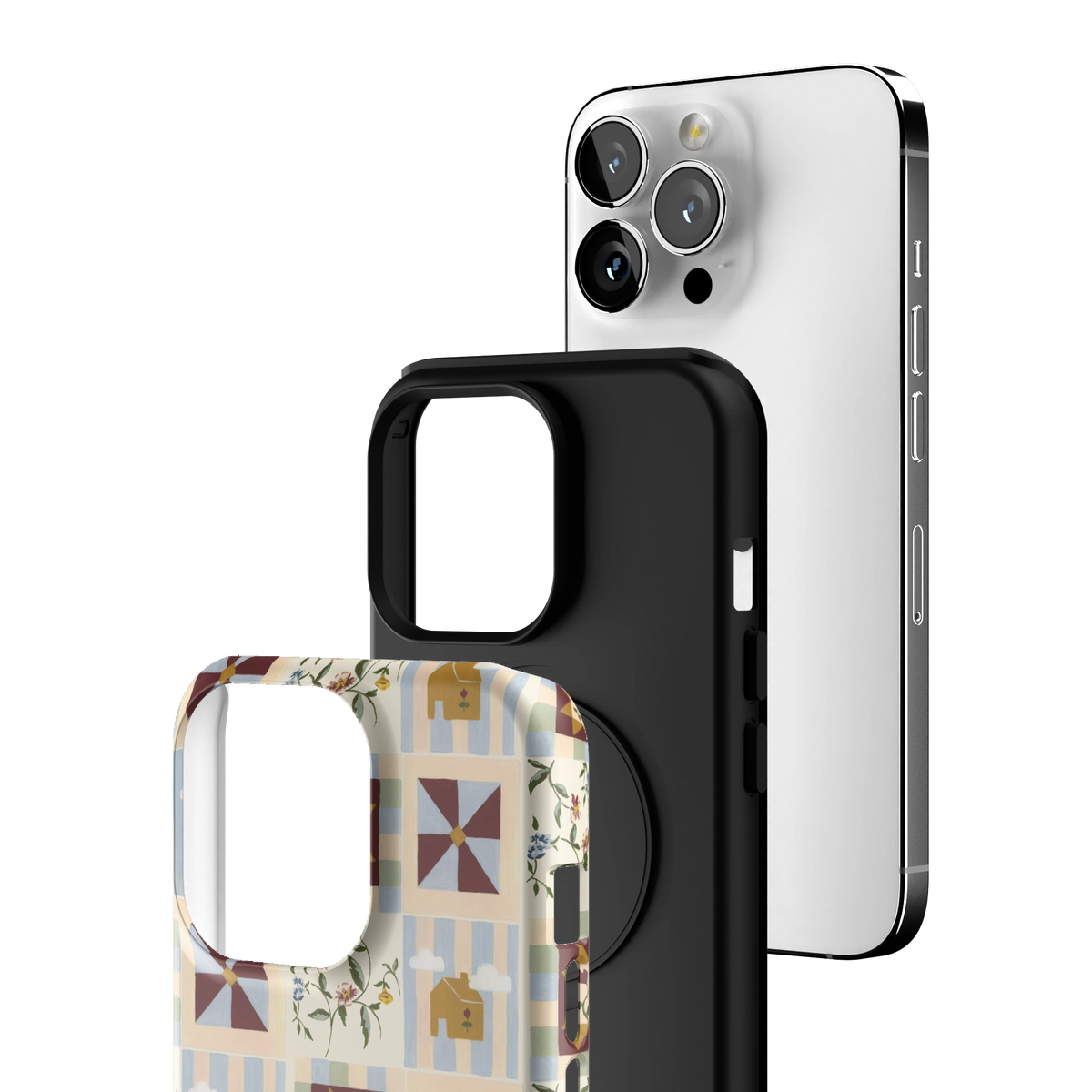 Exploded view of the Pinwheel Personalized iPhone 13 Pro case: printed shell, black inner layer with MagSafe ring, and phone