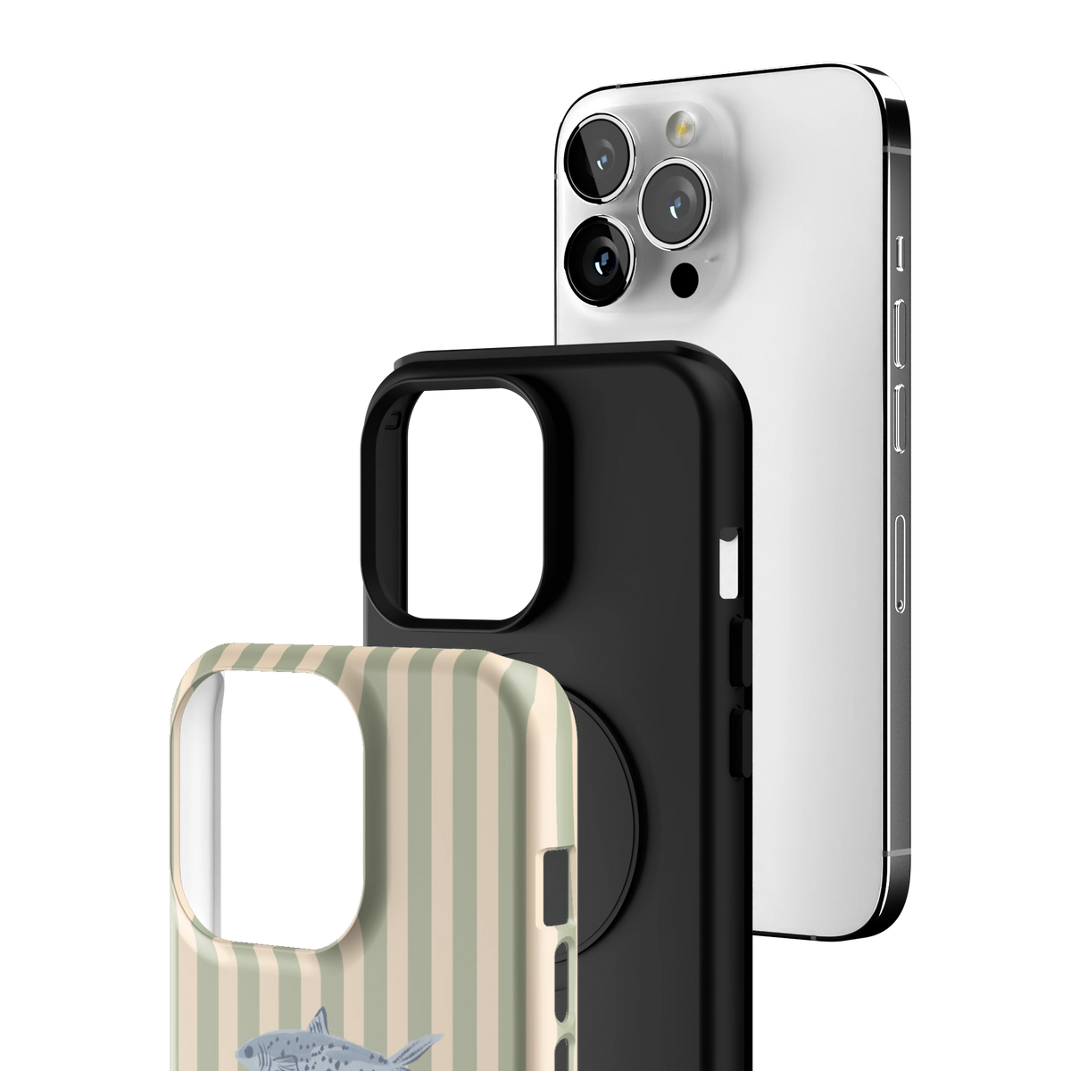Exploded view of the Sea Stripes iPhone 13 Pro case: printed shell, black inner layer with MagSafe ring, and phone