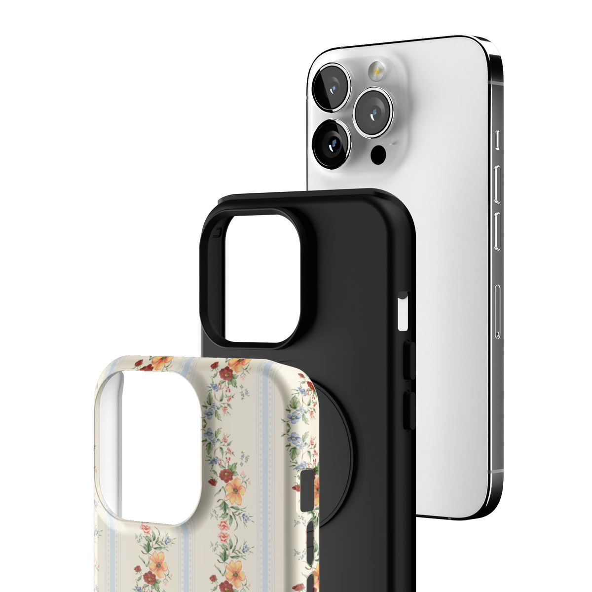 Exploded view of the Wallflower iPhone 13 Pro case: printed shell, black inner layer with MagSafe ring, and phone